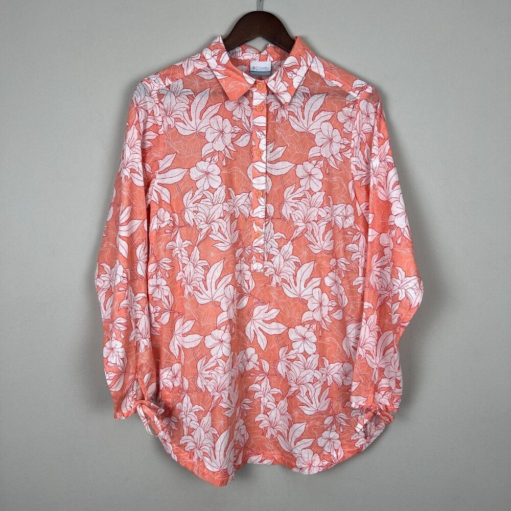 Columbia Tunic Top Womens Large Orange Floral Popover Button Long‎ Sleeve Tie L